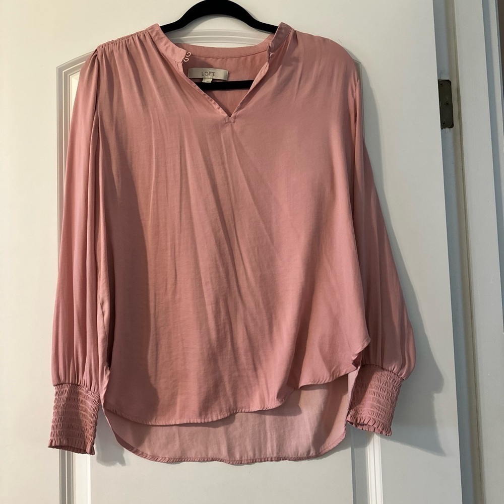 LOFT Pink Puff Sleeve Blouse with Mandarin Collar